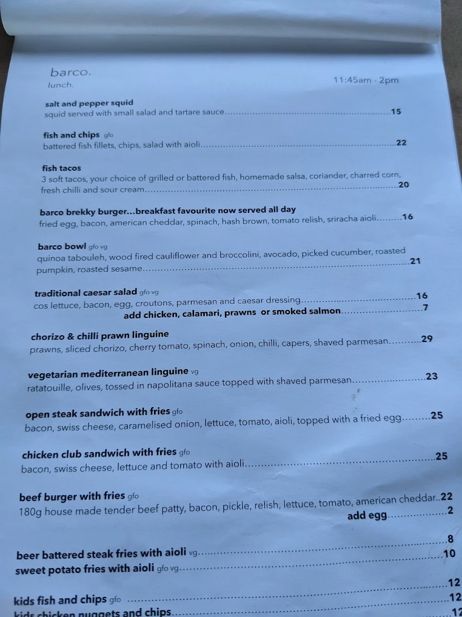 Menu, Café Barco