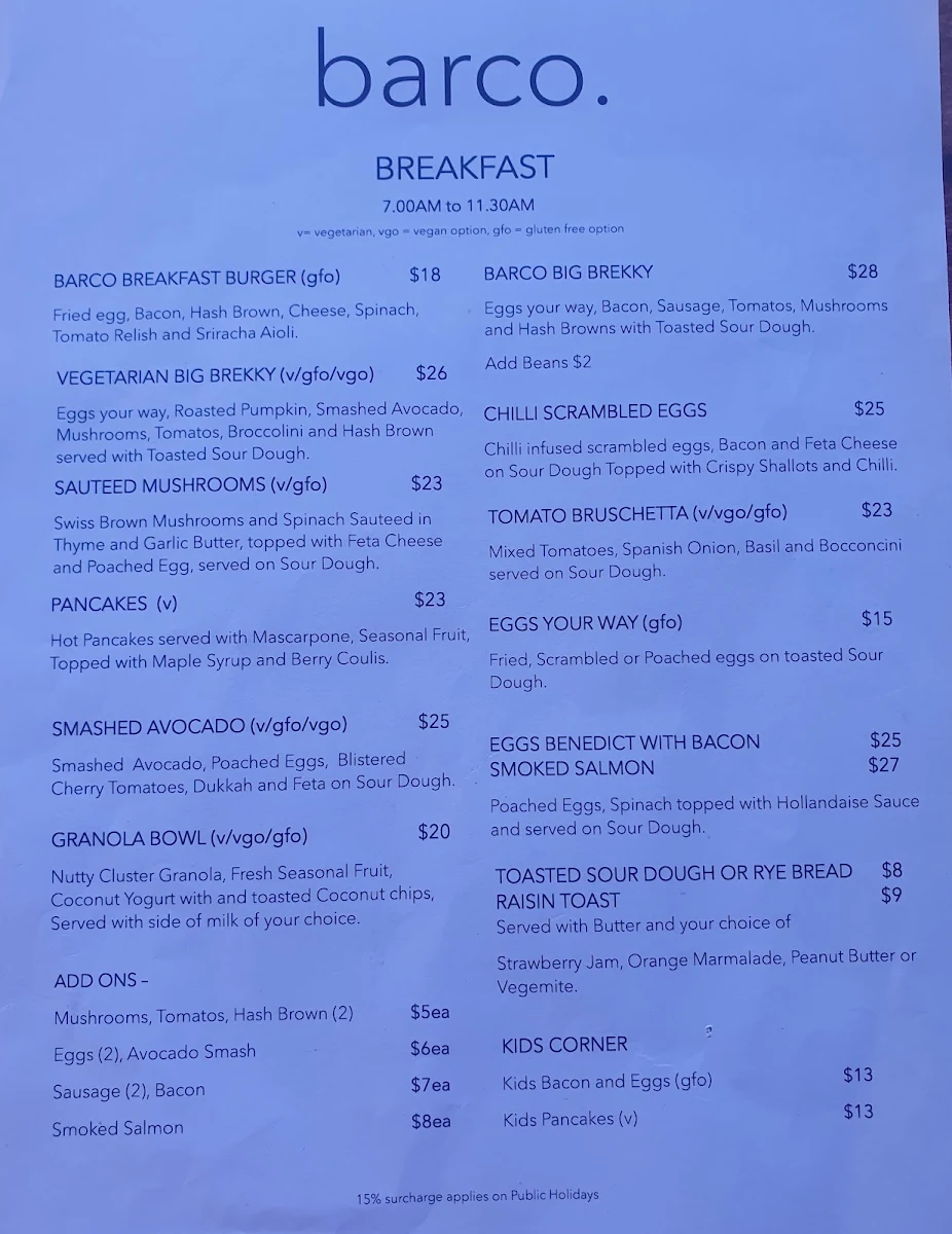 Menu, Café Barco