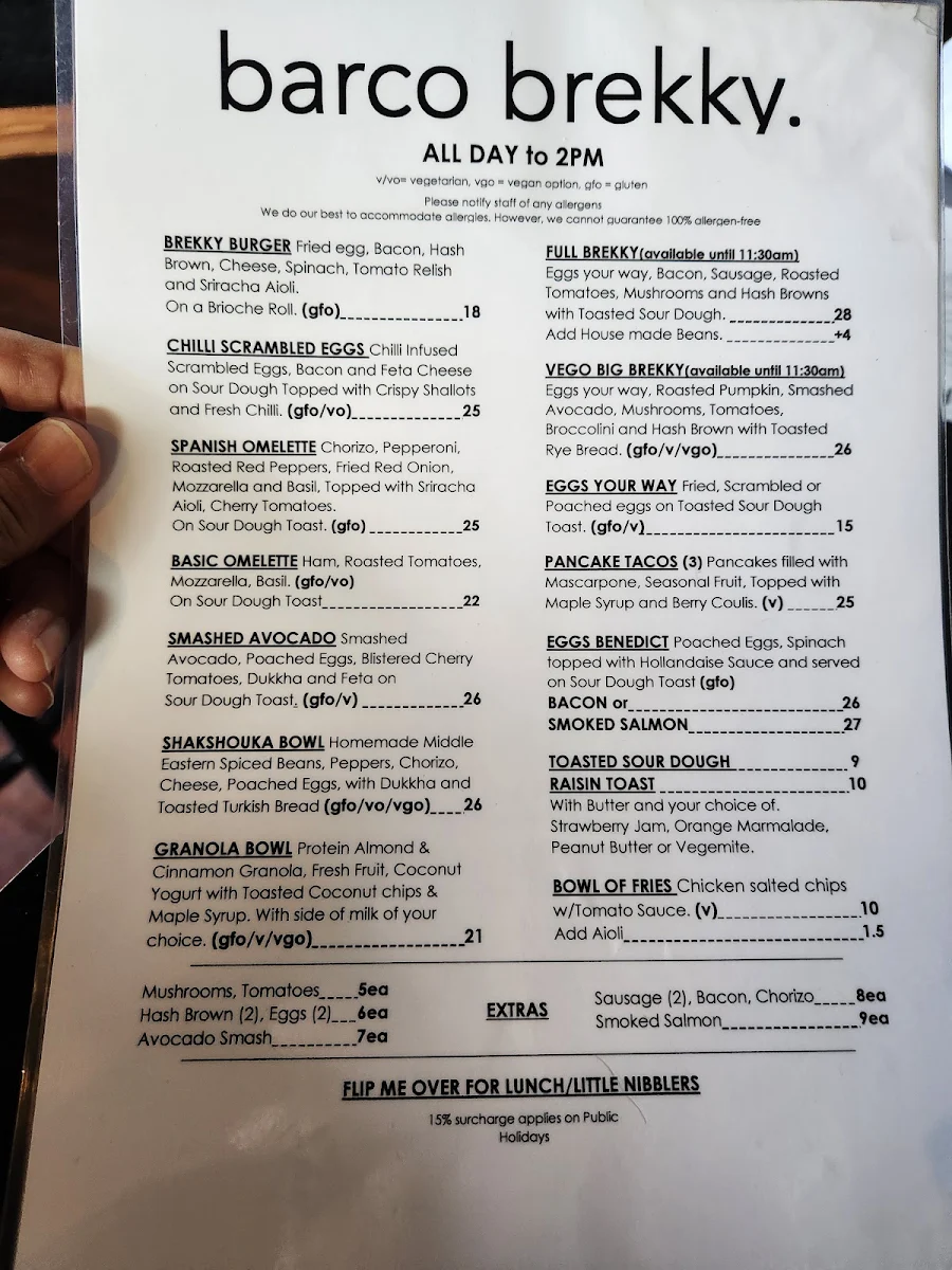 Menu, Café Barco