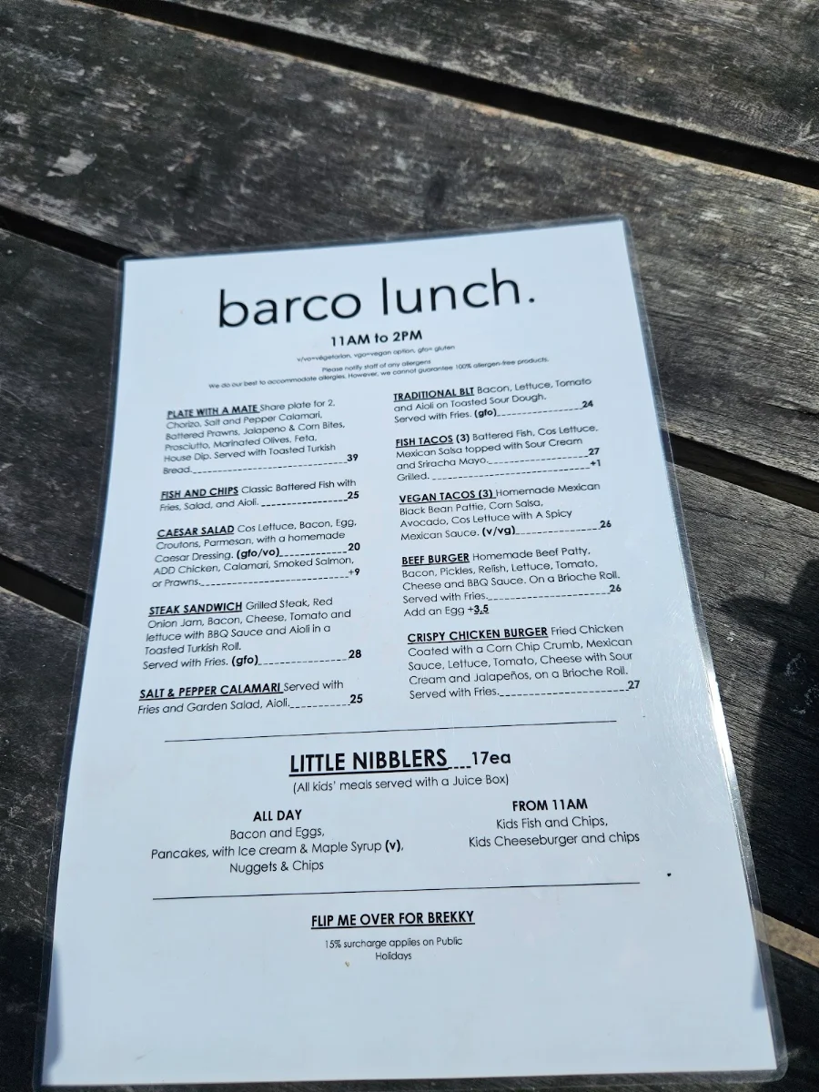 Menu, Café Barco