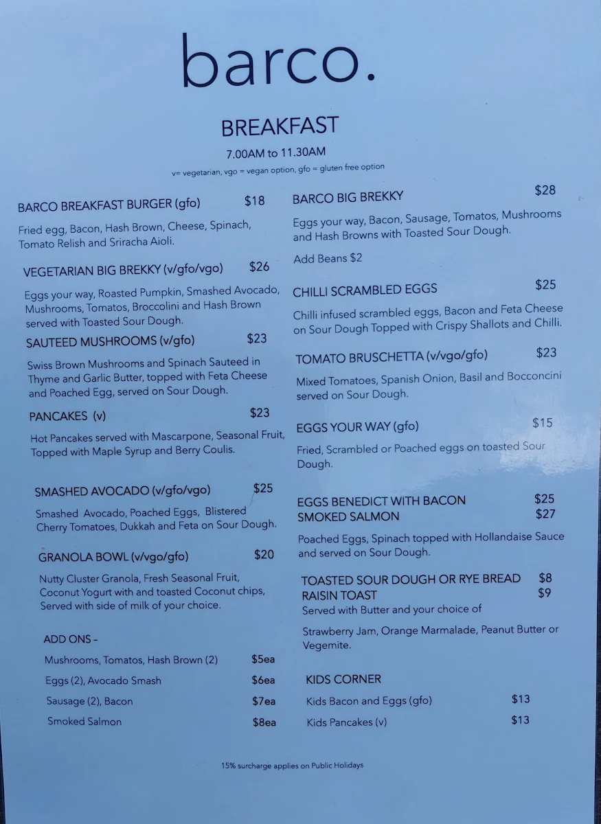 Menu, Café Barco