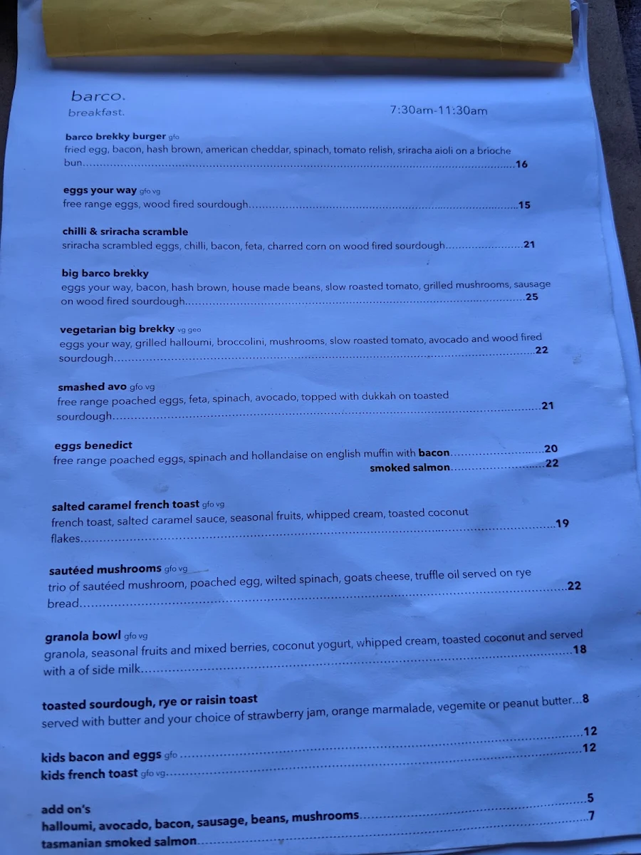 Menu, Café Barco