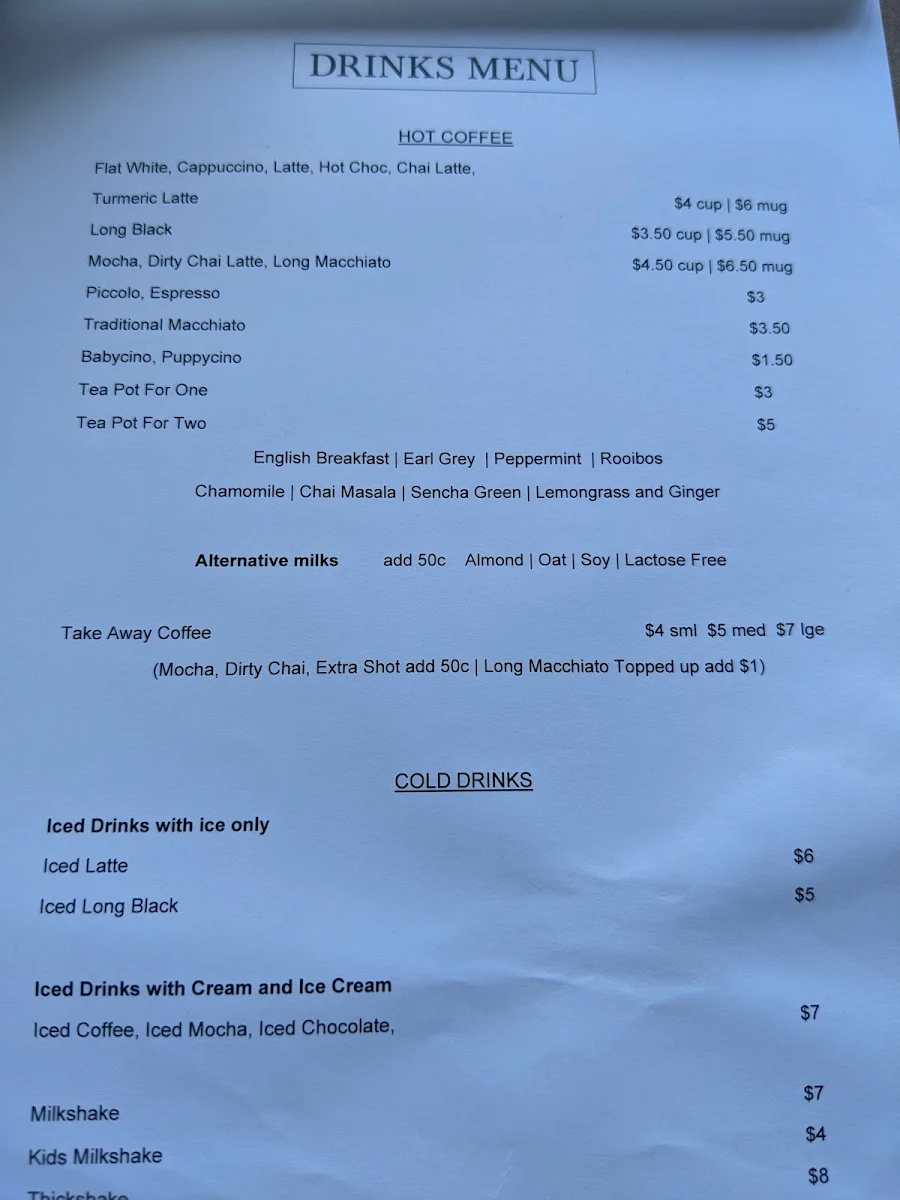 Menu, Café Barco