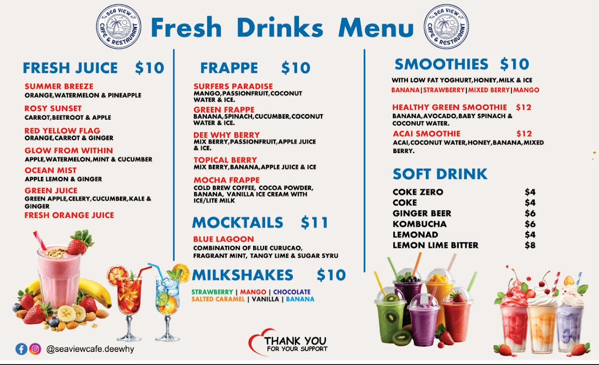Menu, Sea View Cafe & Restaurant