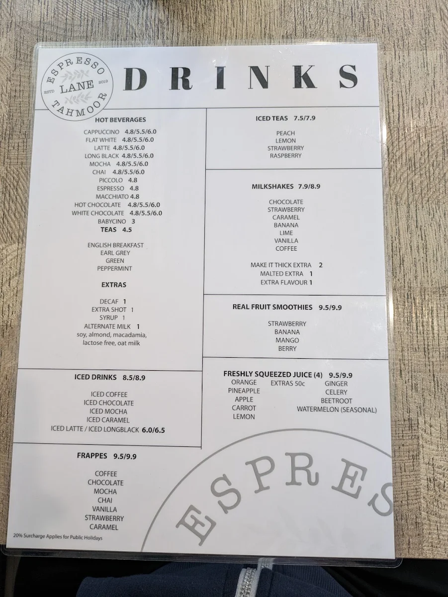 Menu, Espresso Lane Tahmoor