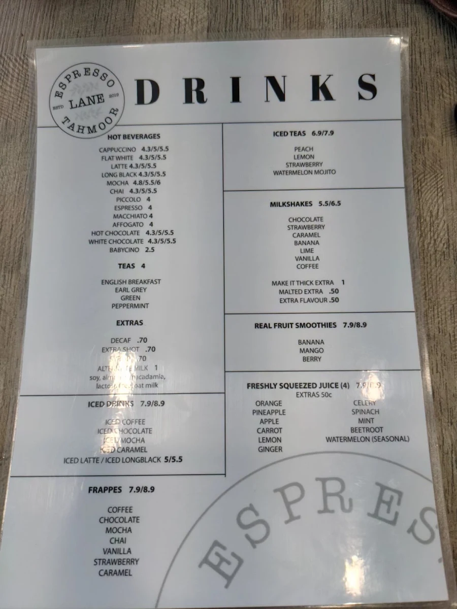 Menu, Espresso Lane Tahmoor