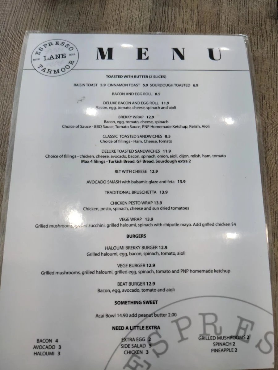 Menu, Espresso Lane Tahmoor