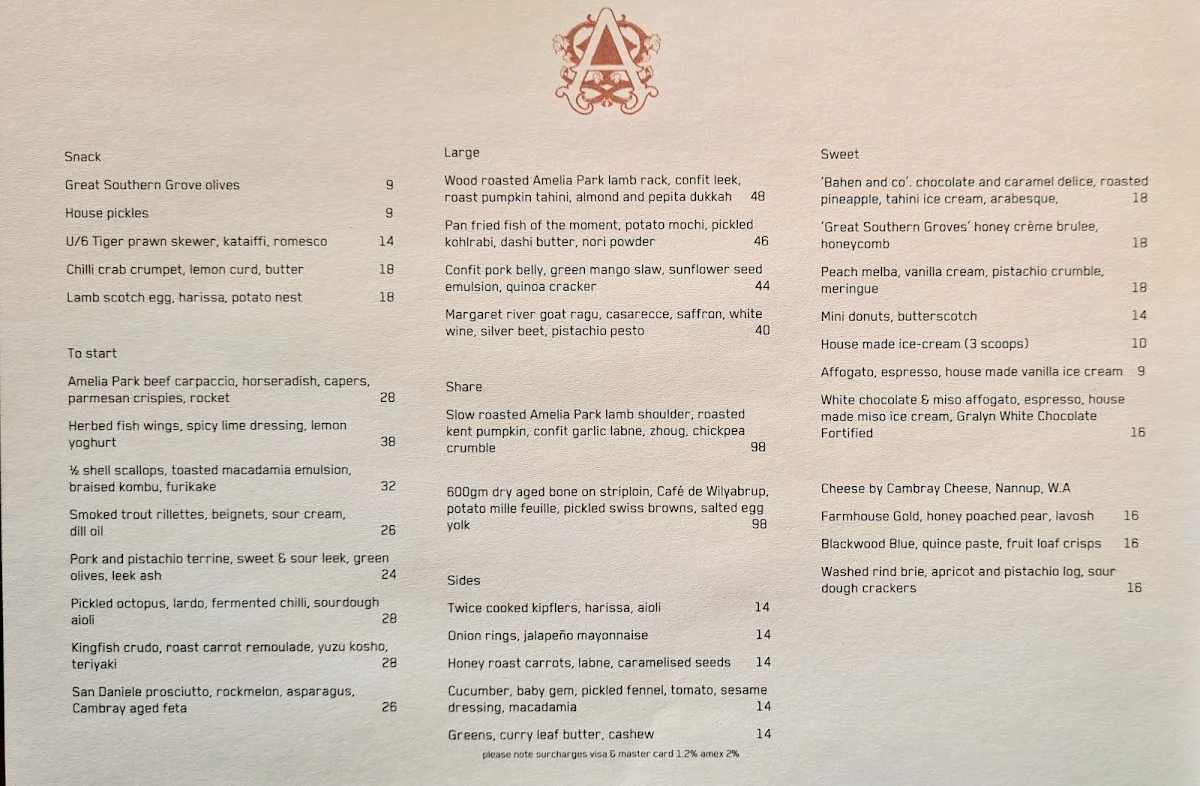 Menu, Amelia Park Restaurant