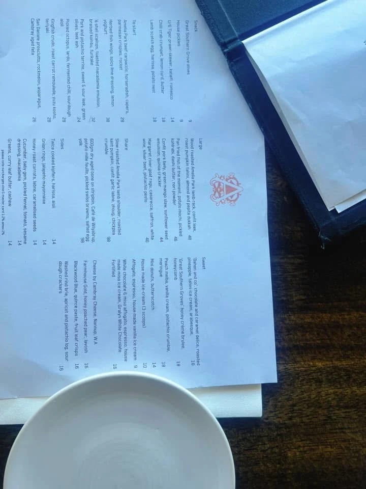 Menu, Amelia Park Restaurant