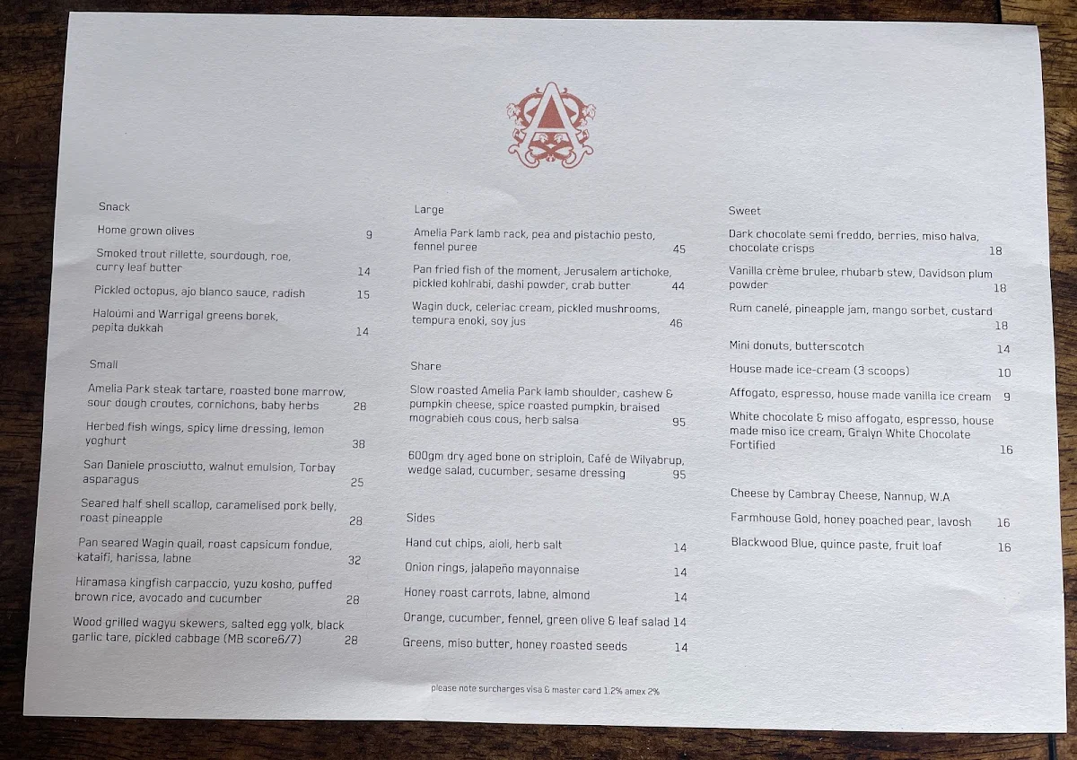 Menu, Amelia Park Restaurant