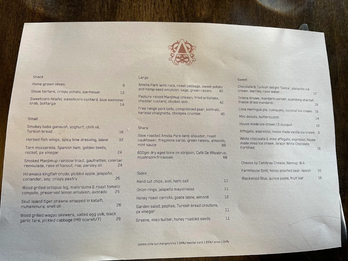 Menu, Amelia Park Restaurant