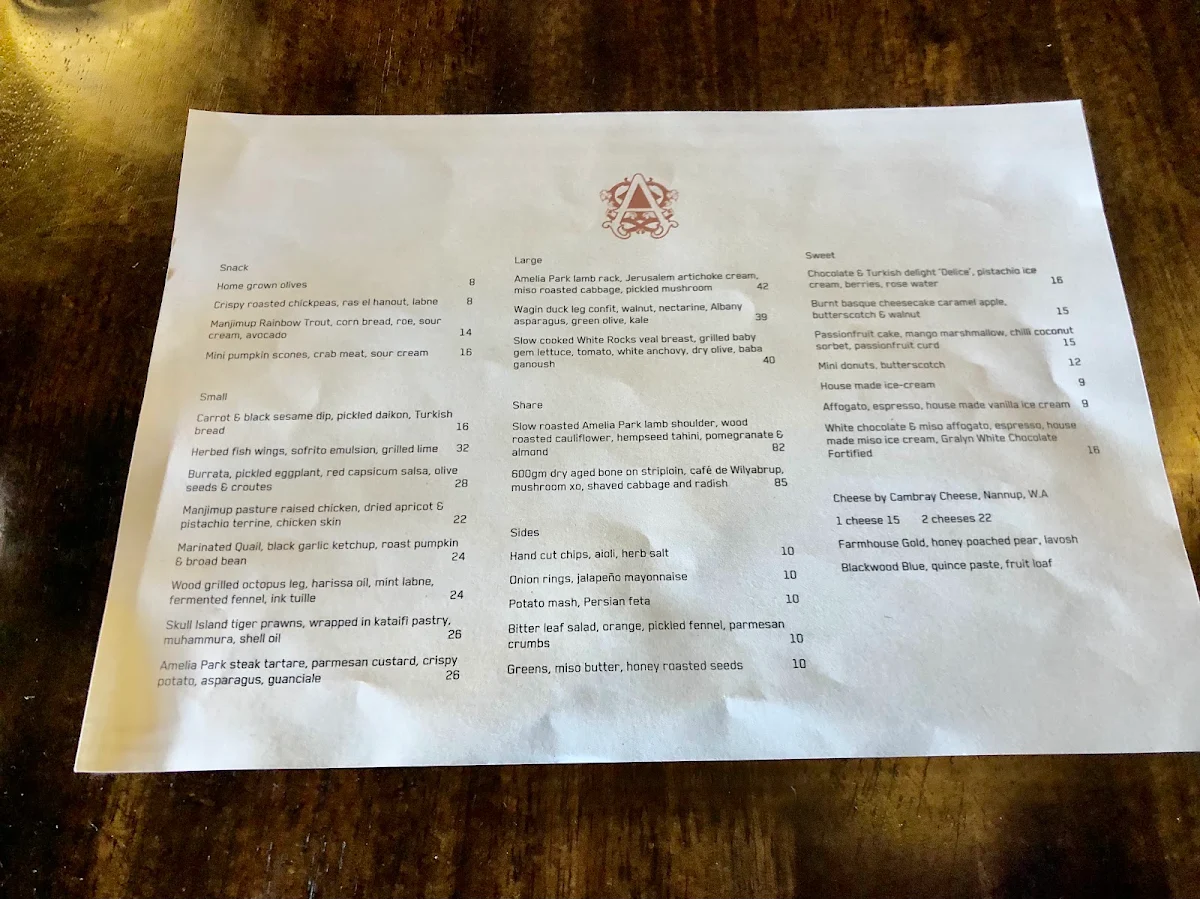 Menu, Amelia Park Restaurant