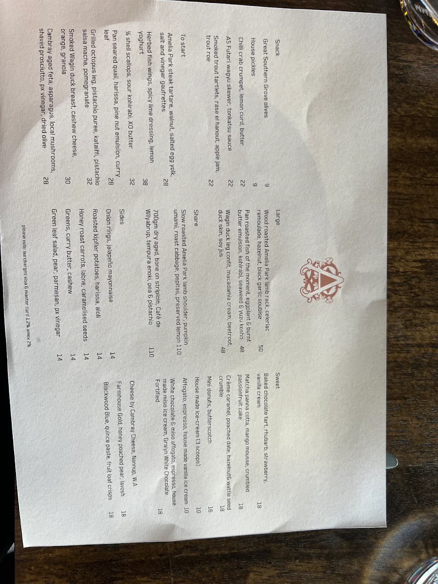 Menu, Amelia Park Restaurant