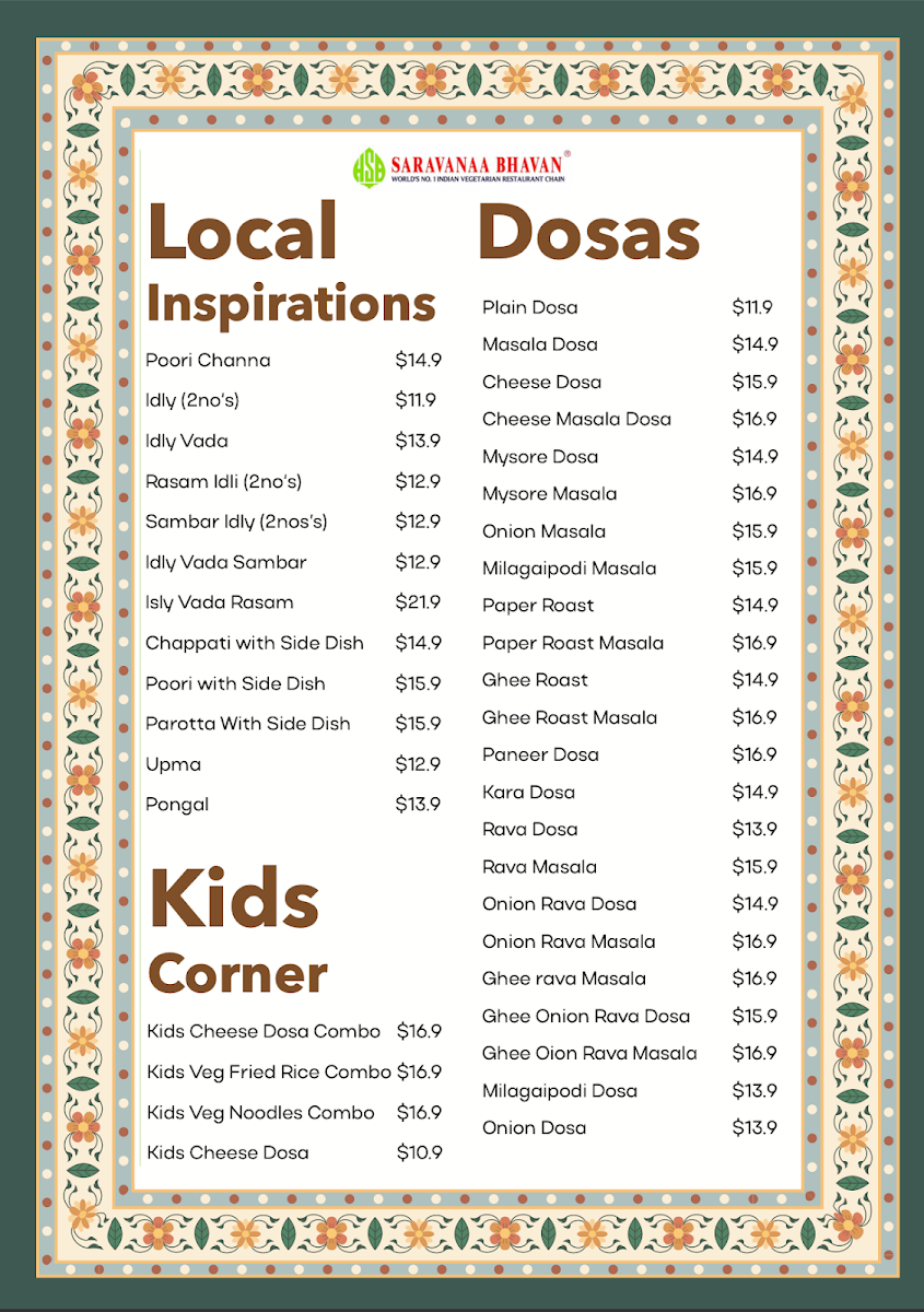 Menu, Saravanaa Bhavan