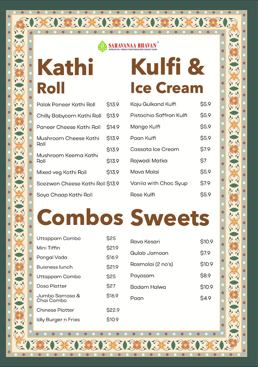 Menu, Saravanaa Bhavan