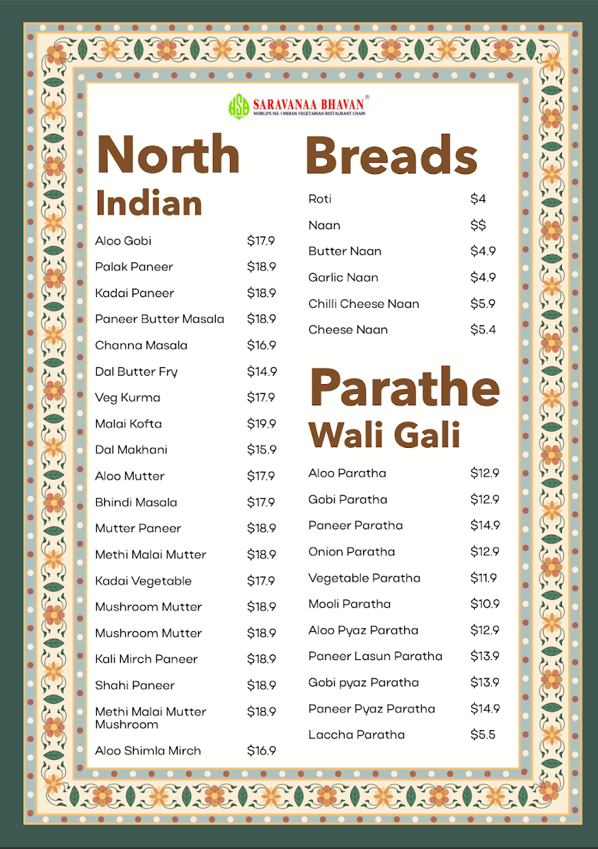 Menu, Saravanaa Bhavan