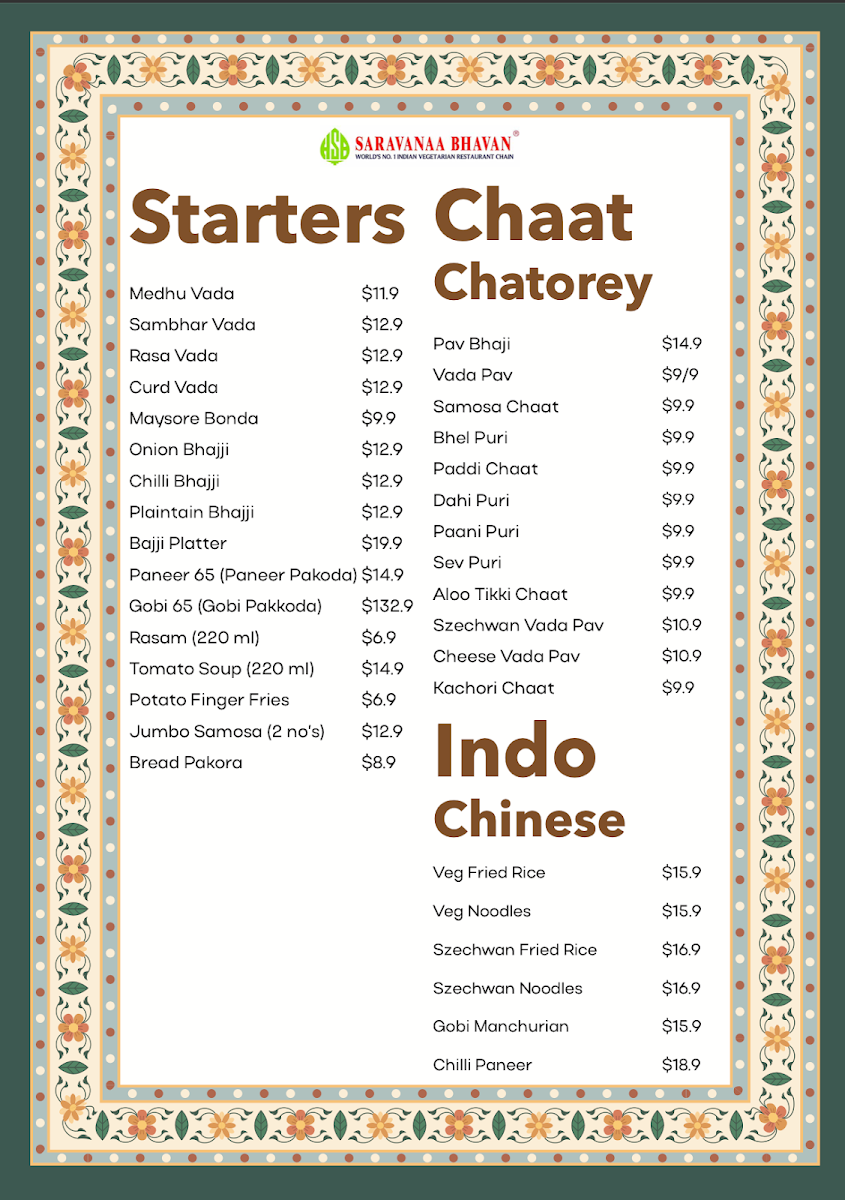 Menu, Saravanaa Bhavan