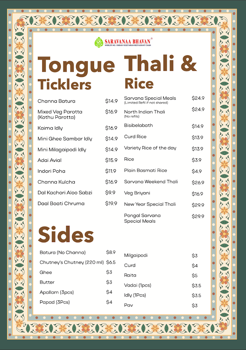 Menu, Saravanaa Bhavan