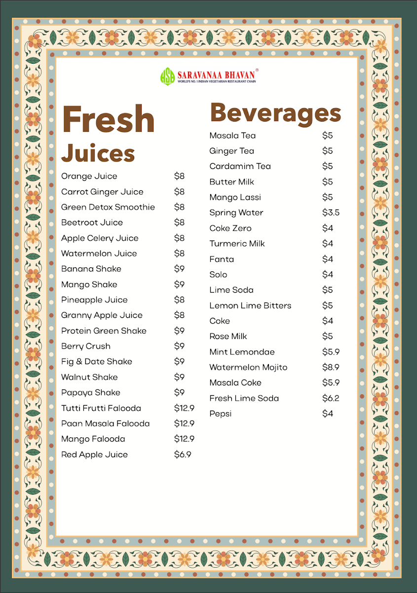 Menu, Saravanaa Bhavan