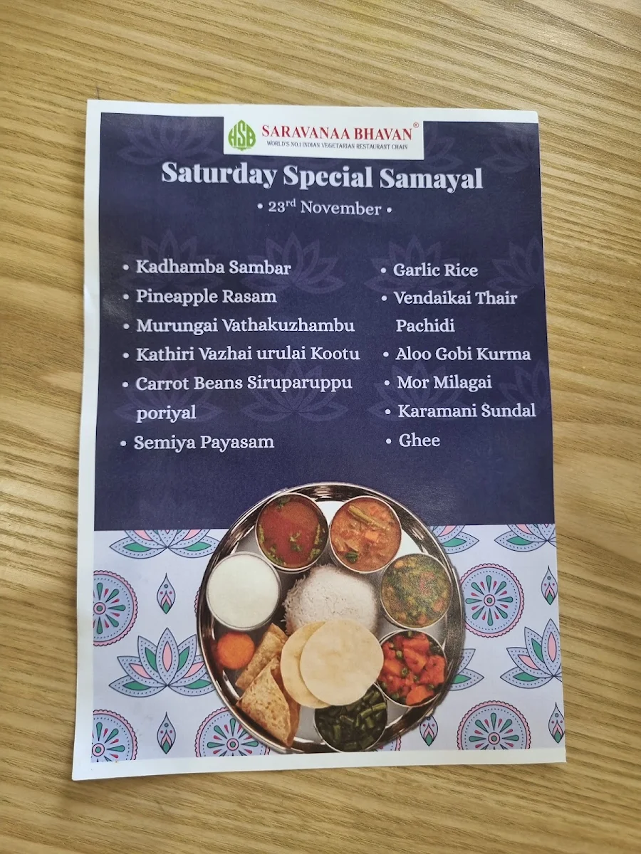 Menu, Saravanaa Bhavan