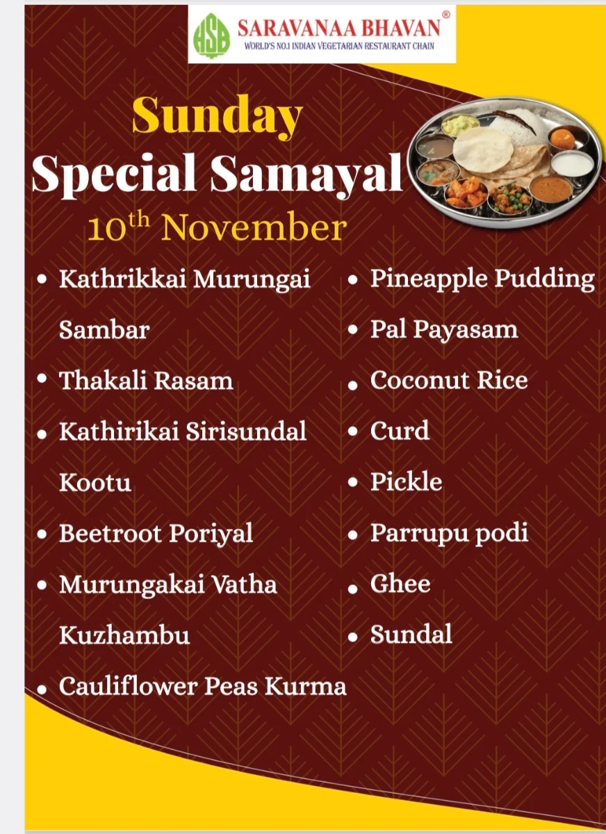 Menu, Saravanaa Bhavan