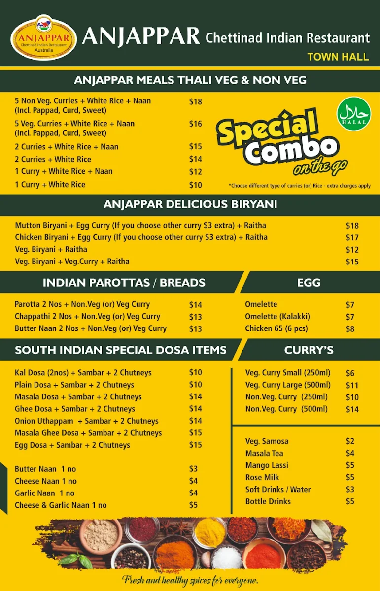 Menu, Anjappar_Sydney Town Hall (Australia)