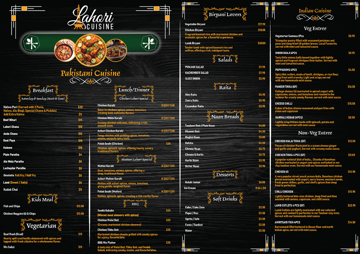 Menu, Lahori Cuisine (Taste of Pakistan)
