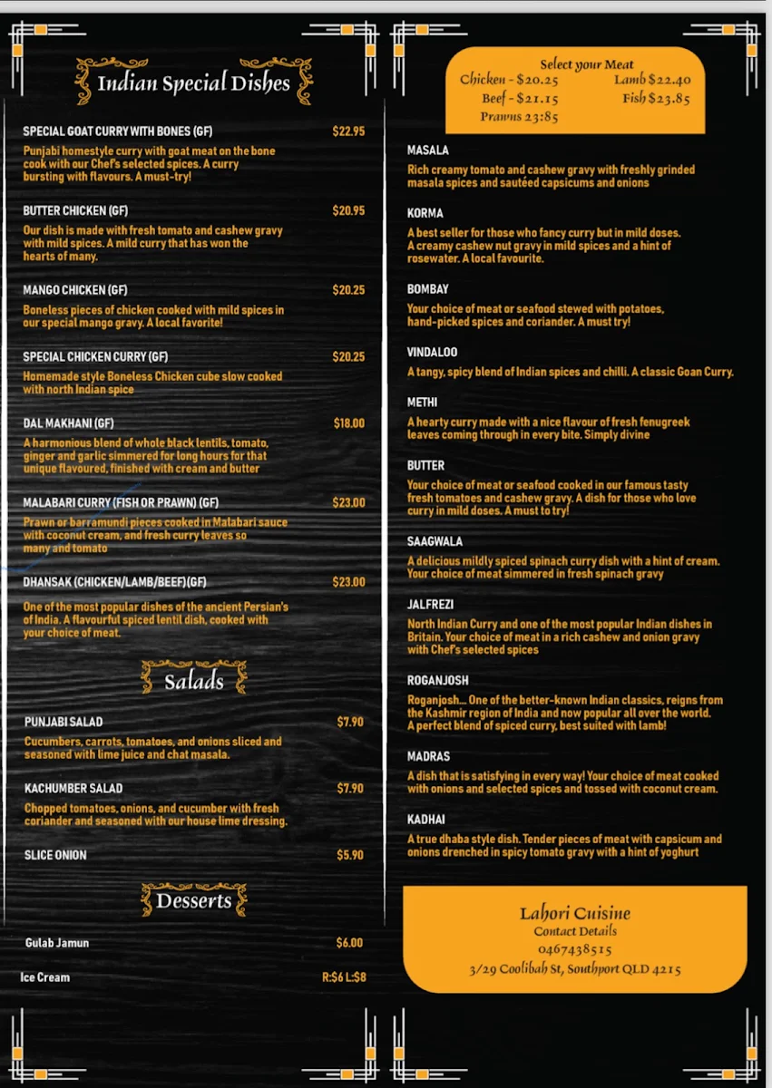 Menu, Lahori Cuisine (Taste of Pakistan)