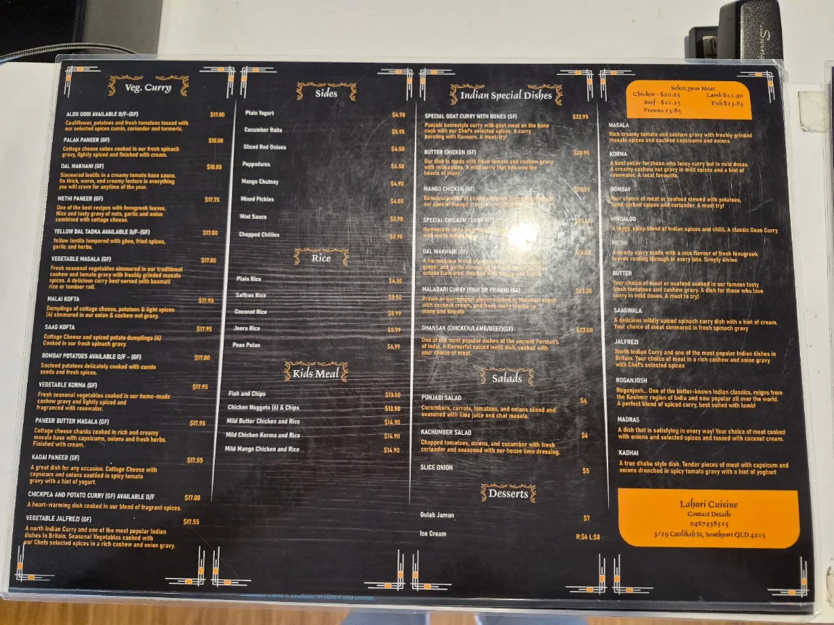 Menu, Lahori Cuisine (Taste of Pakistan)