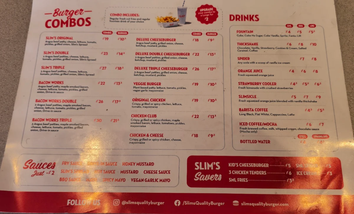 Menu, Slim's Quality Burger