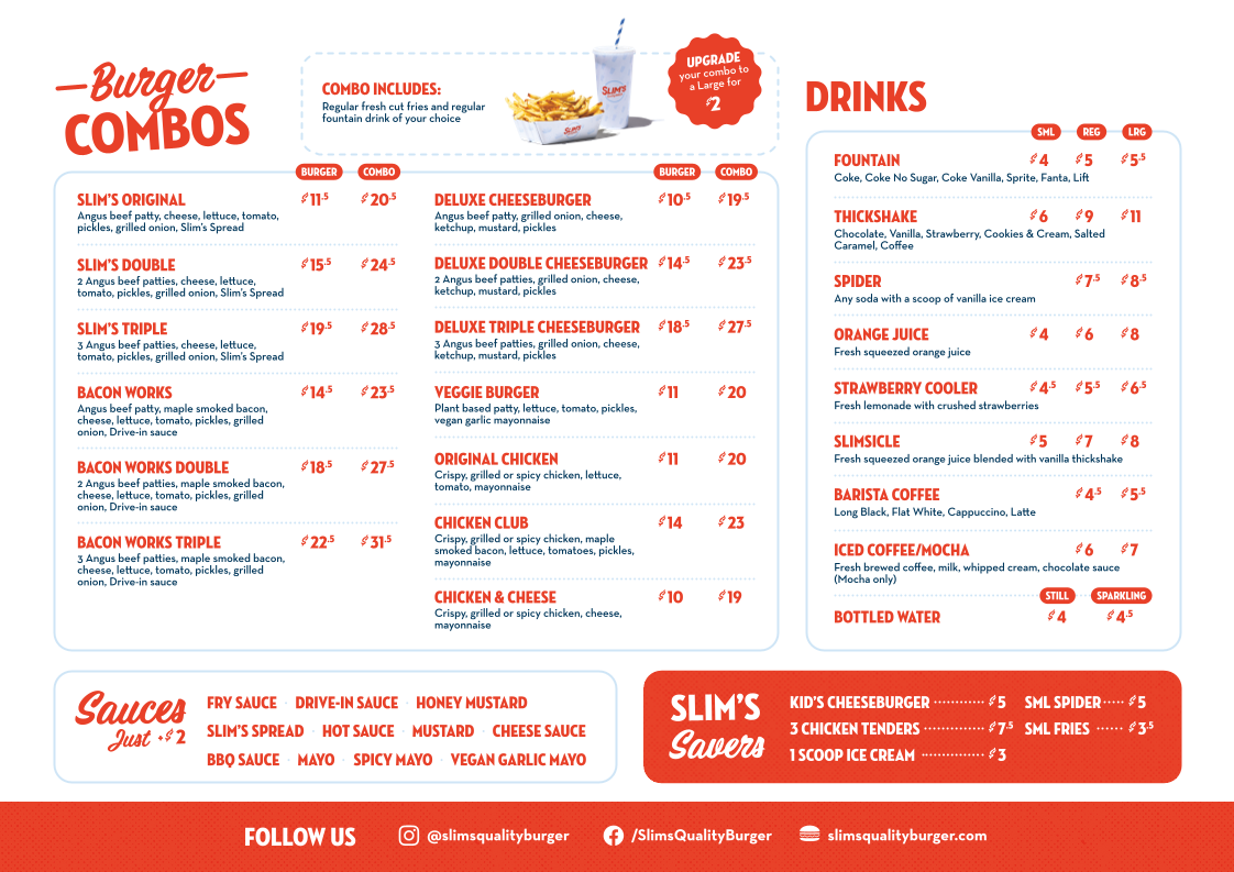 Menu, Slim's Quality Burger