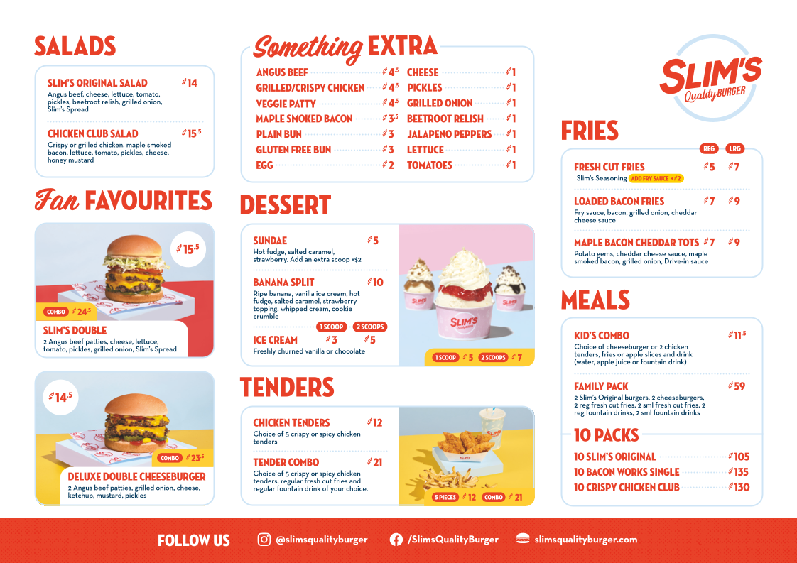 Menu, Slim's Quality Burger
