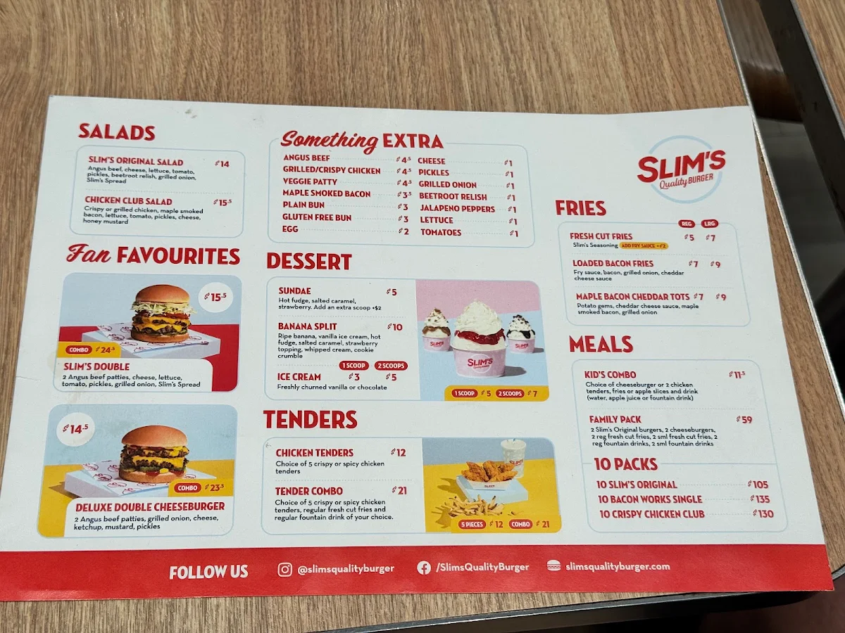 Menu, Slim's Quality Burger
