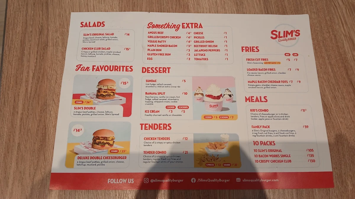 Menu, Slim's Quality Burger
