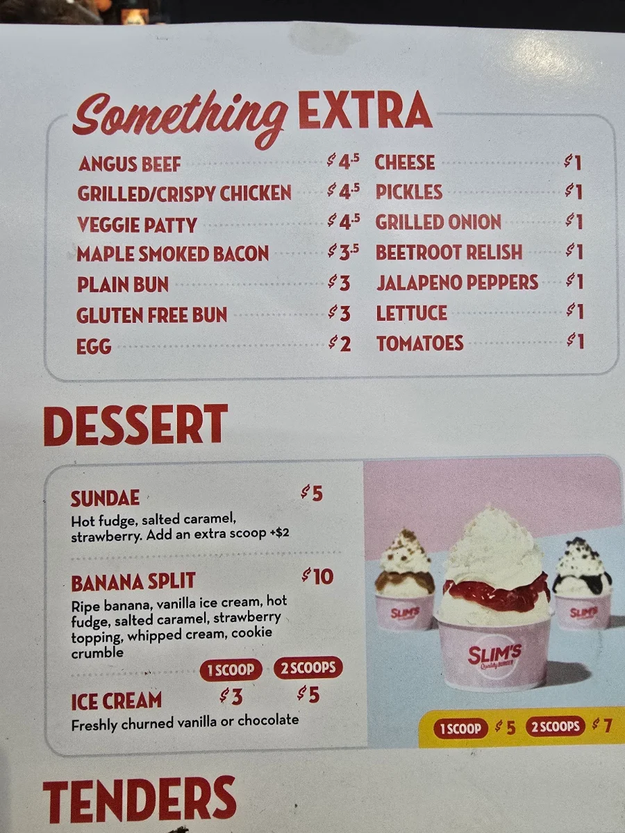 Menu, Slim's Quality Burger