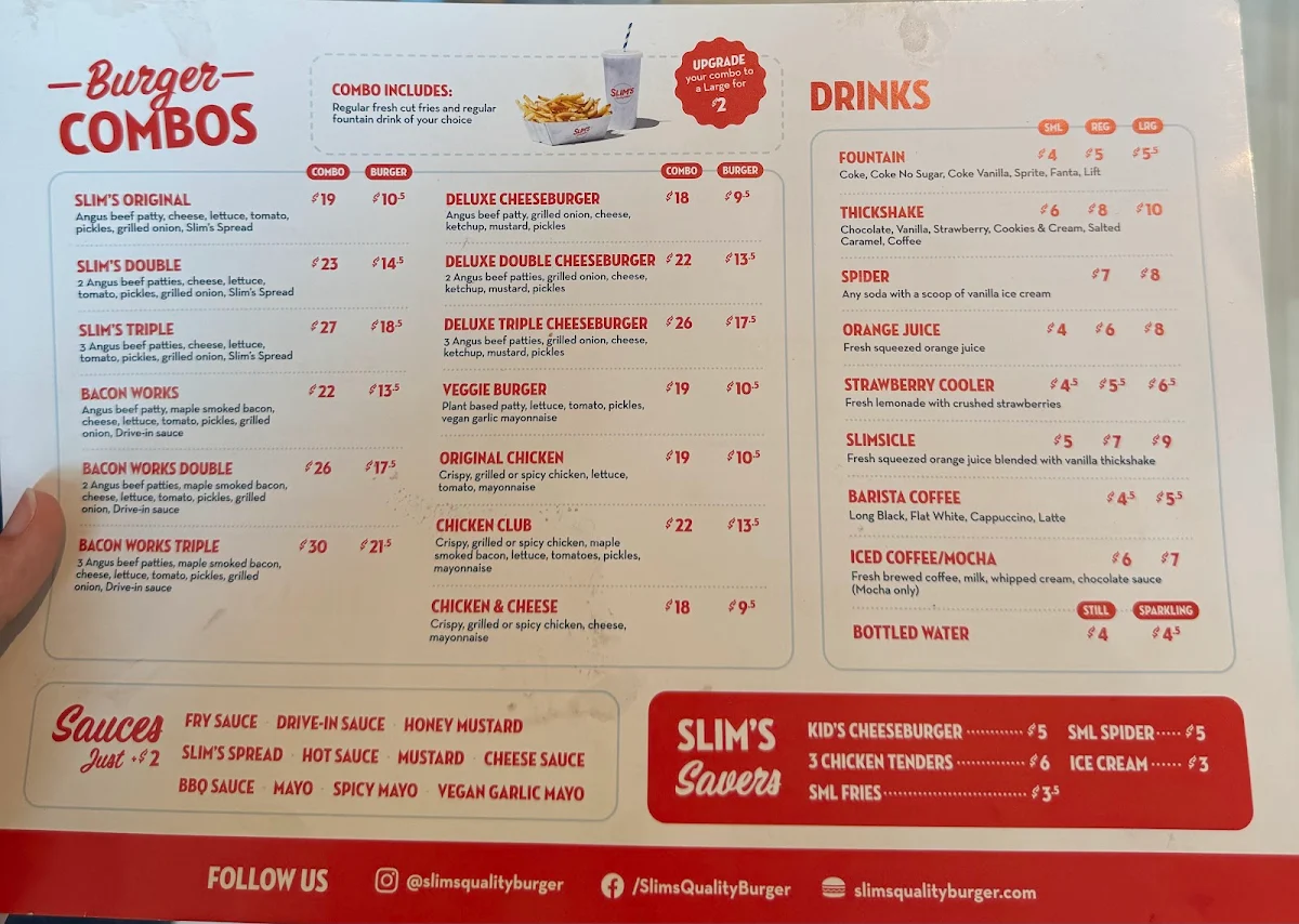 Menu, Slim's Quality Burger