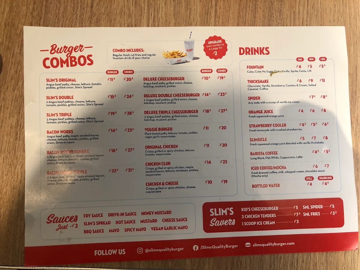 Menu, Slim's Quality Burger