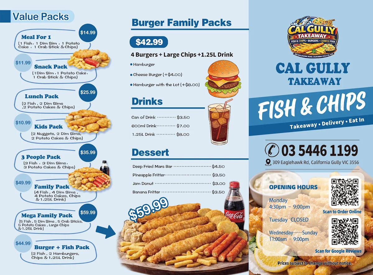 Menu, Cal Gully Takeaway（Fish & Chips & Chinese）
