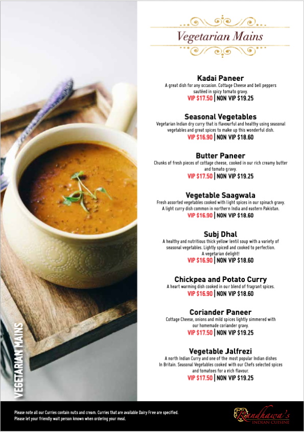 Menu, Randhawa's Indian Cuisine