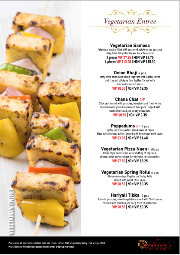 Menu, Randhawa's Indian Cuisine
