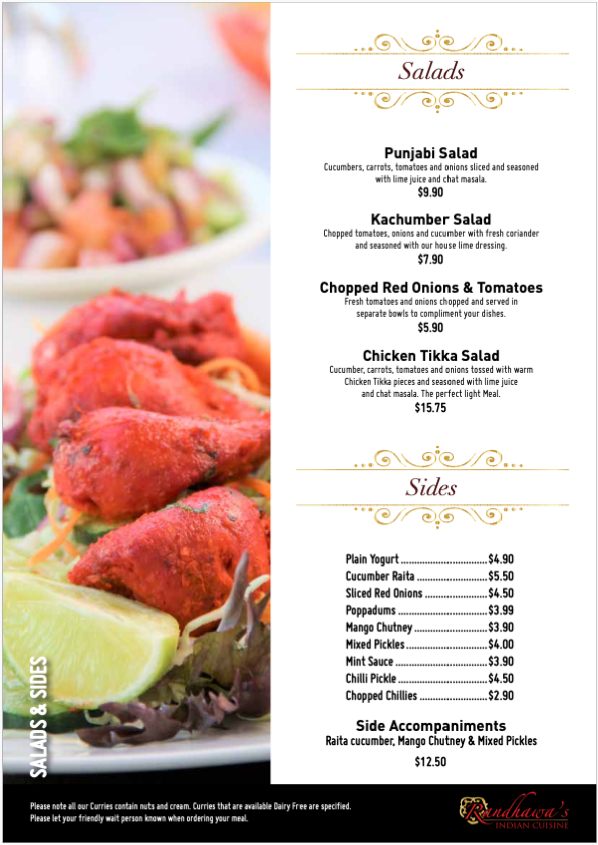 Menu, Randhawa's Indian Cuisine