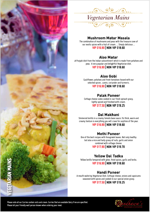 Menu, Randhawa's Indian Cuisine