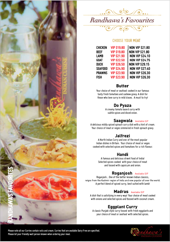 Menu, Randhawa's Indian Cuisine