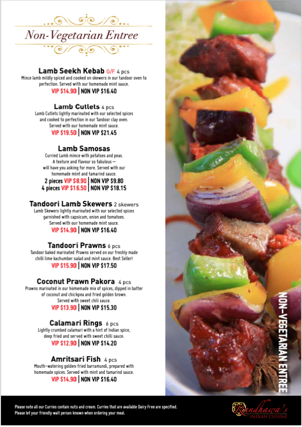 Menu, Randhawa's Indian Cuisine