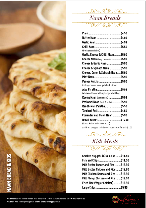 Menu, Randhawa's Indian Cuisine
