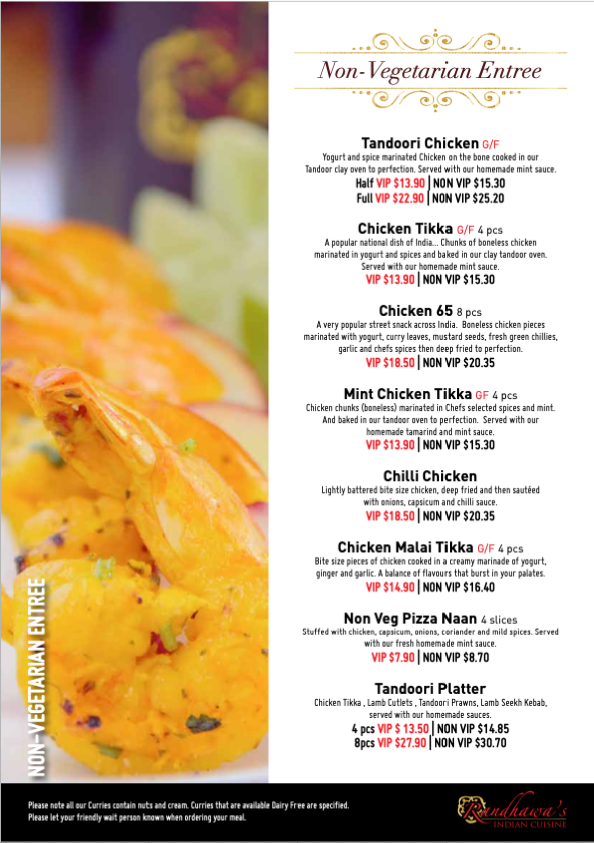 Menu, Randhawa's Indian Cuisine