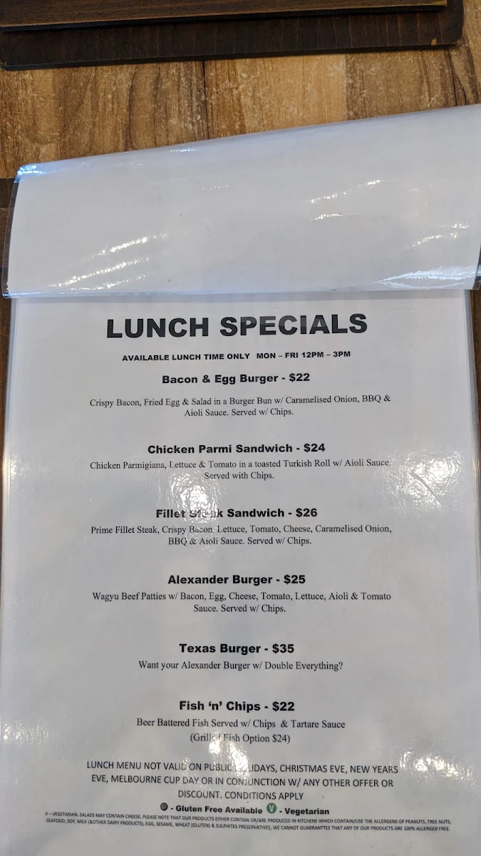 Menu, The Alexander Bar & Bistro