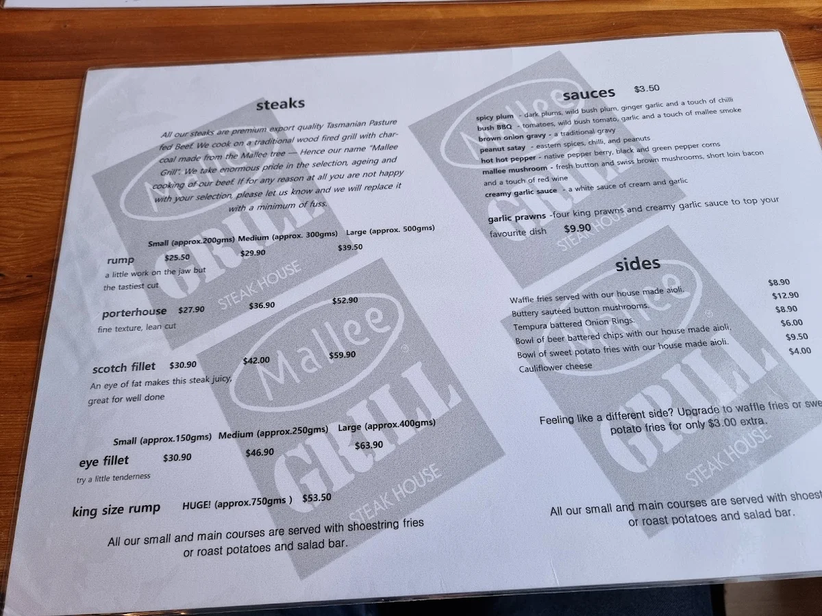Menu, Mallee Grill