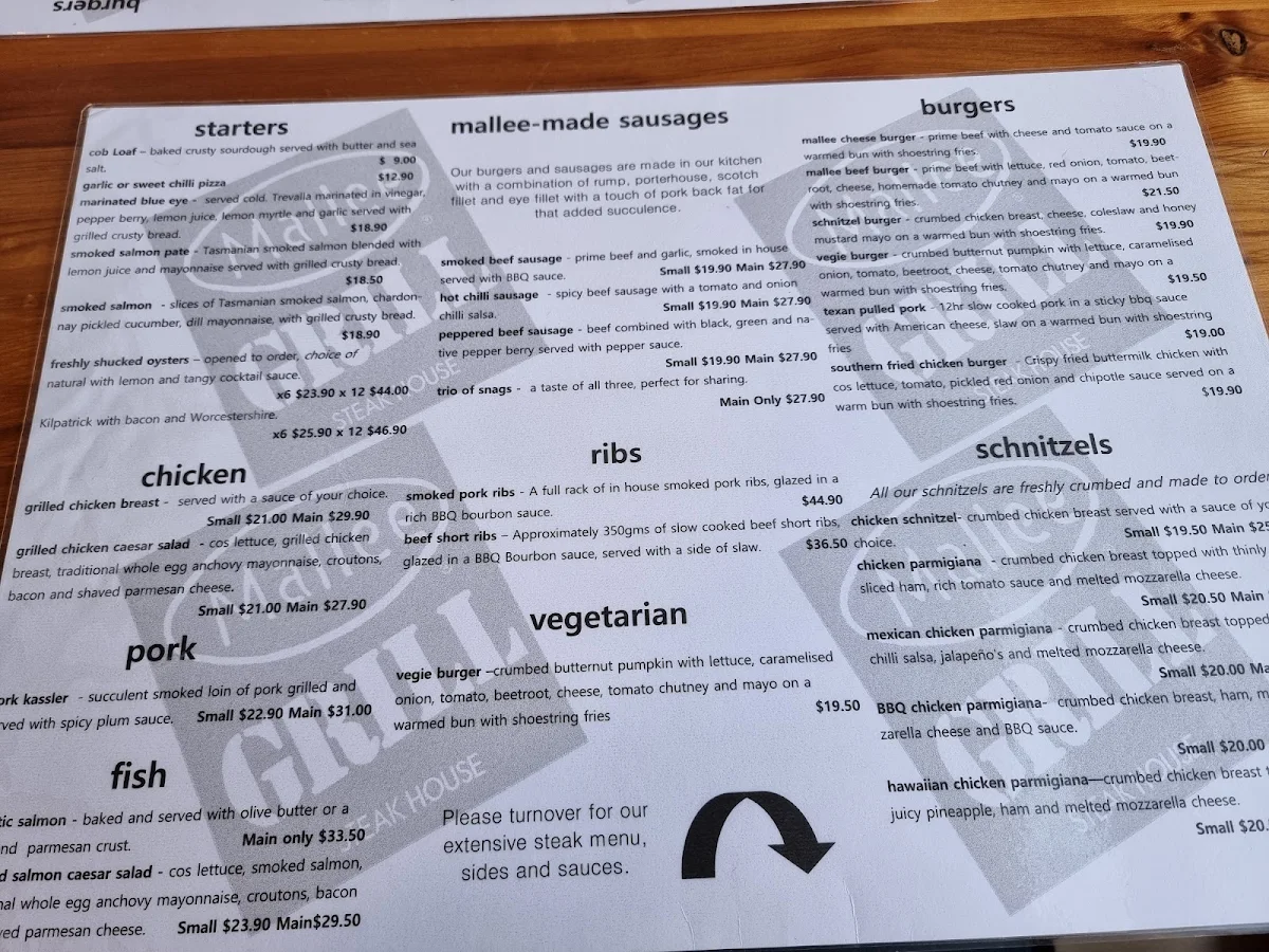 Menu, Mallee Grill