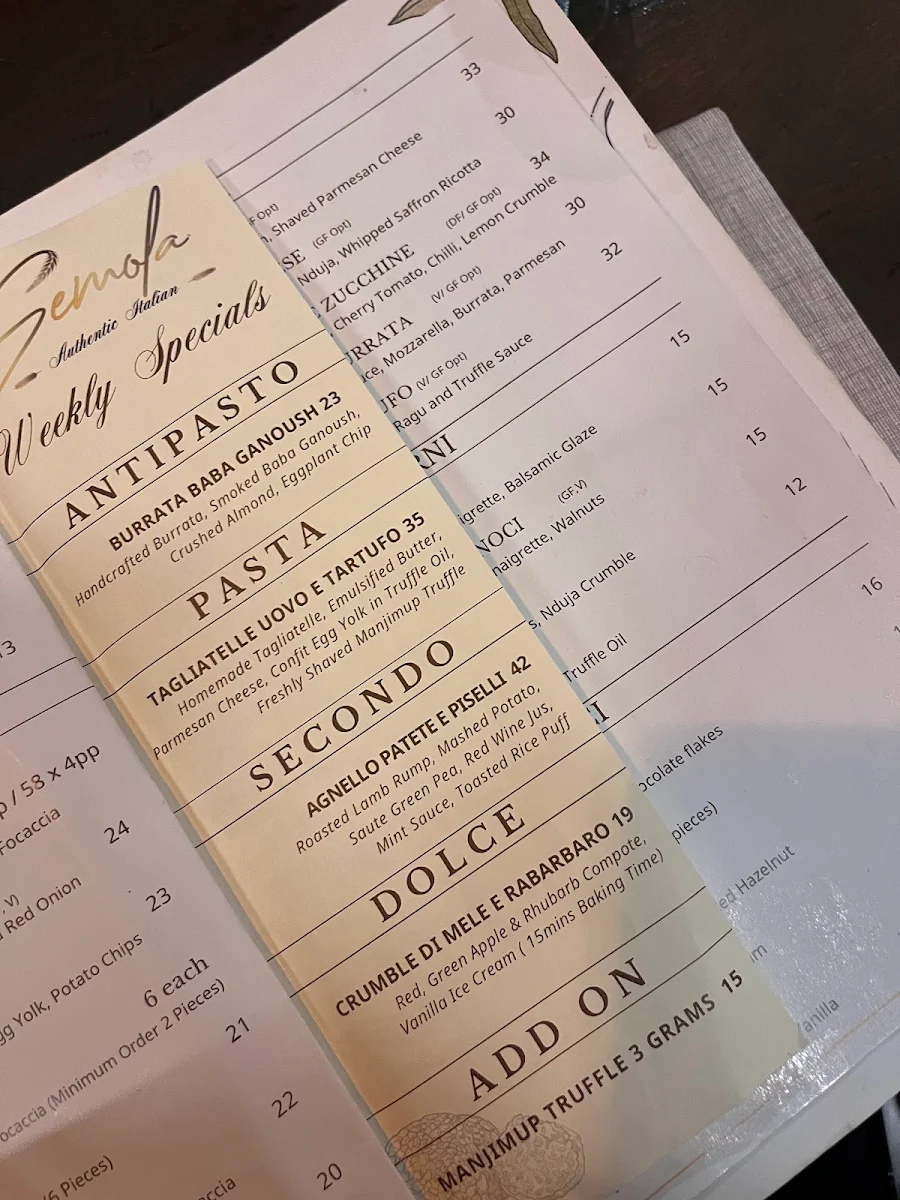 Menu, Semola Sydney
